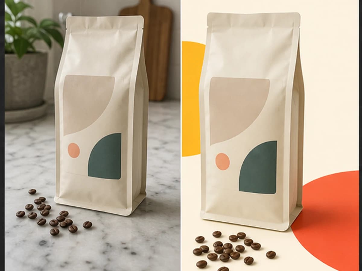 Demonstração antes e depois de Café embalado