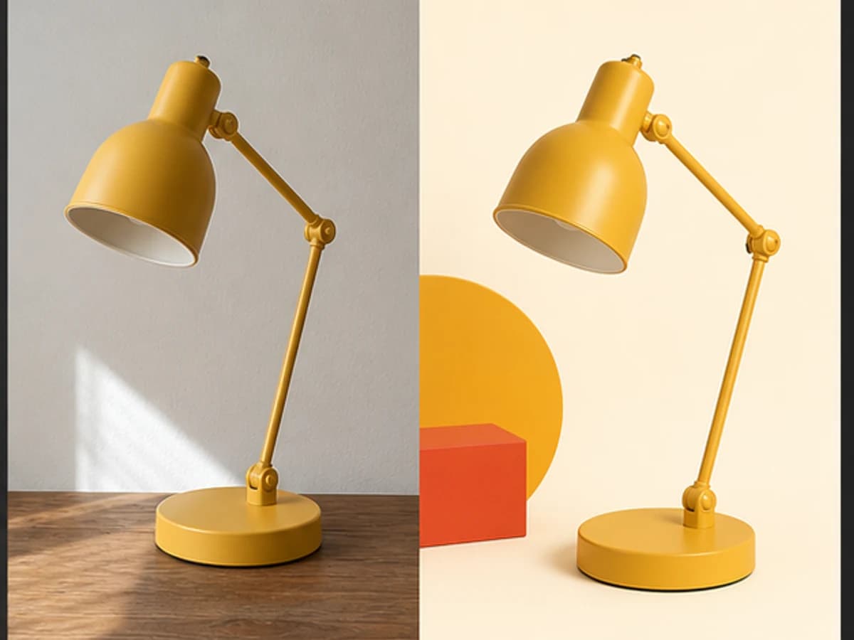 Demonstração antes e depois de Luminária de mesa