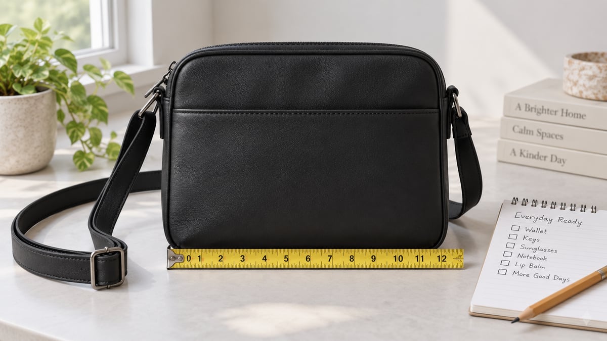 Bolsa transversal preta com trena ao lado e bloco de briefing sobre mesa clara