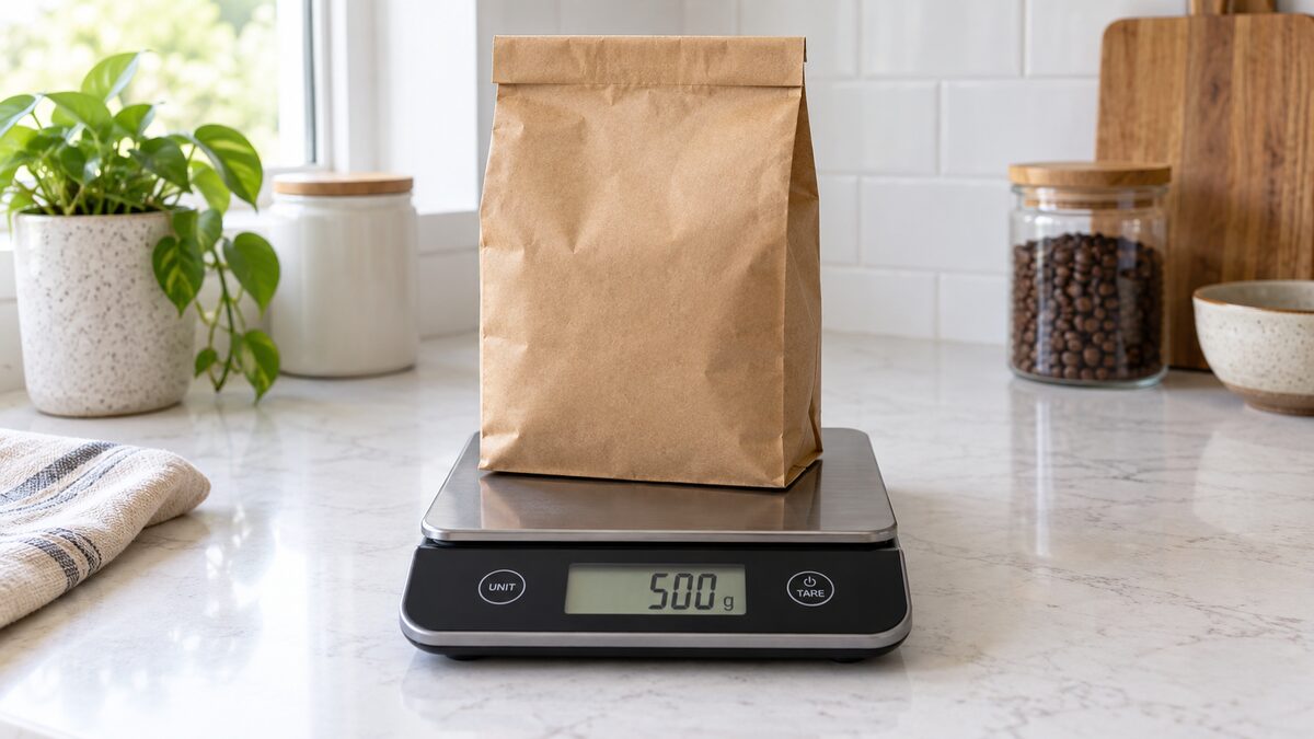 Pacote de café sobre balança digital de cozinha com visor de peso legível