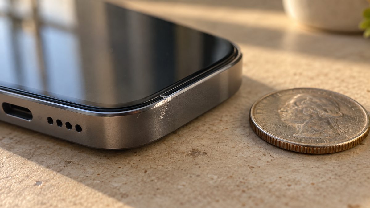 Close da quina de celular com risco visível e moeda ao lado para escala