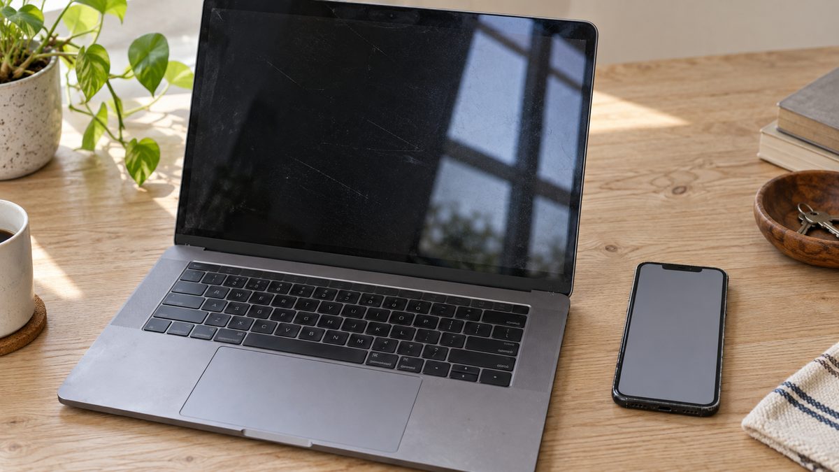 Notebook com tela apagada refletindo janela e celular com tela ligada como prova de funcionamento
