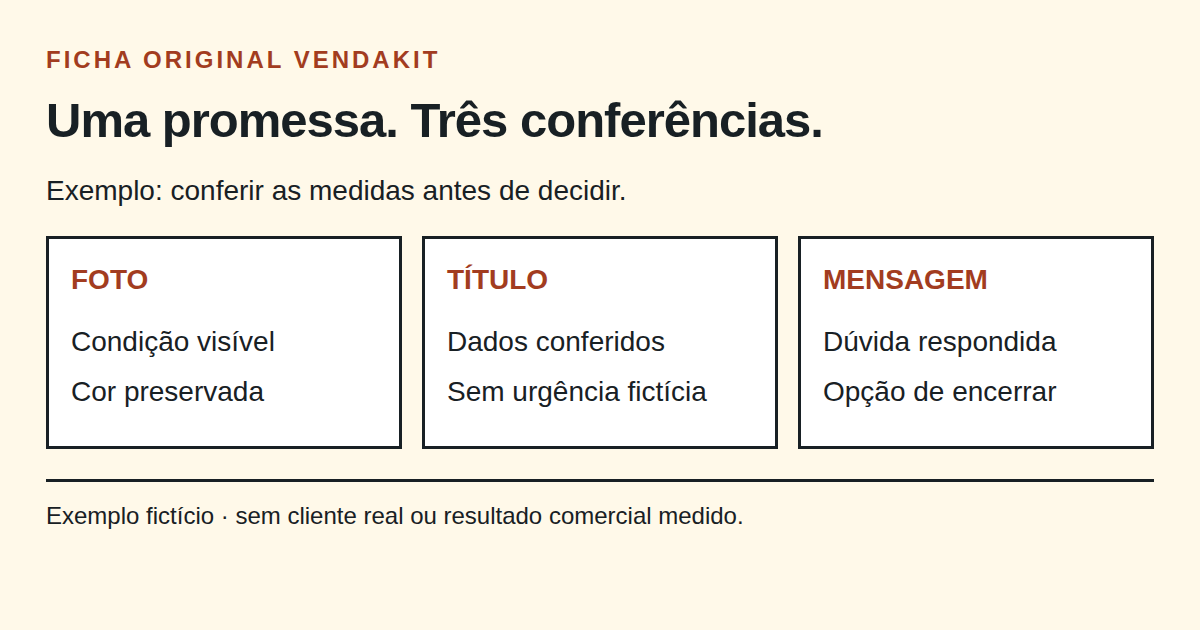 Ficha ilustrativa com uma promessa de atendimento e três pontos de conferência: foto, título e mensagem