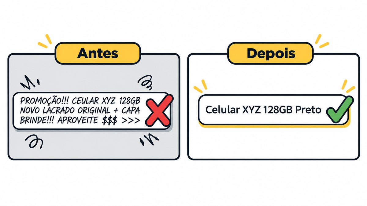 Exemplo de antes e depois de título claro de anúncio com produto, marca e característica