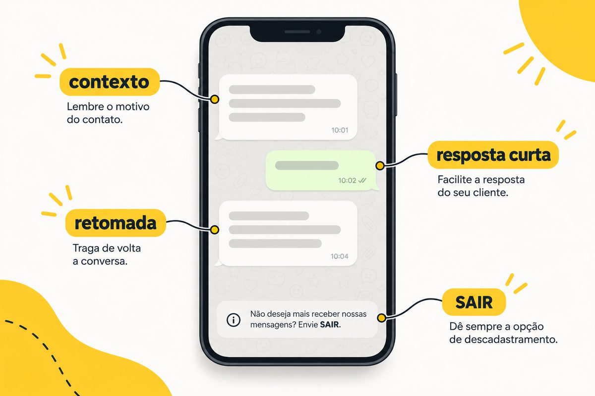 Exemplo de três mensagens curtas de venda no WhatsApp com contexto e opção de saída