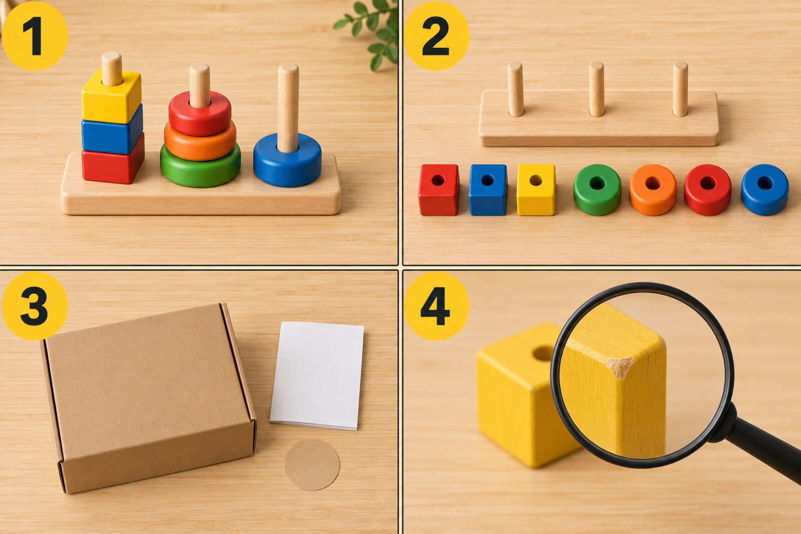 mesa clara com brinquedo educativo de madeira montado e peças separadas para conferência, com embalagem e manual ao lado
